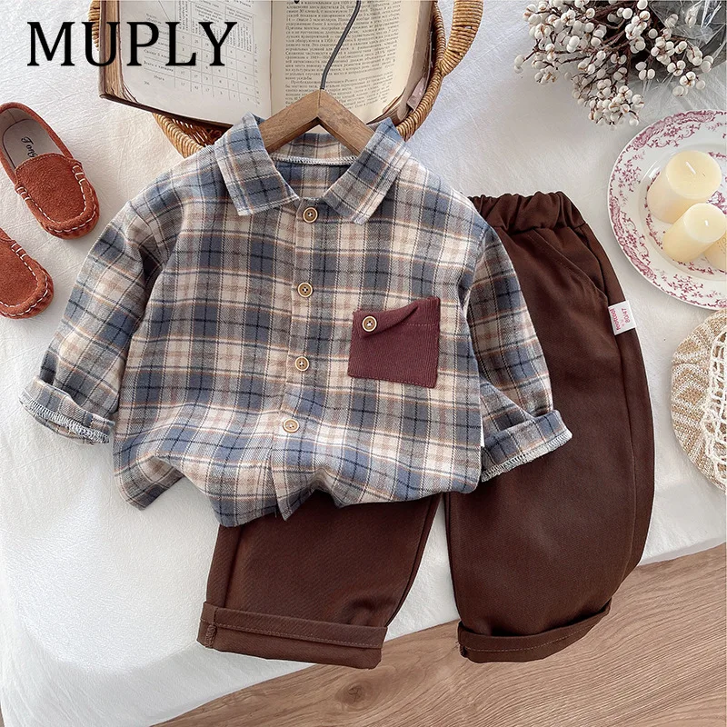 

Клетчатая рубашка с контрастными карманами для мальчиков, осенняя новая детская рубашка с длинными рукавами в иностранном стиле, детская одежда