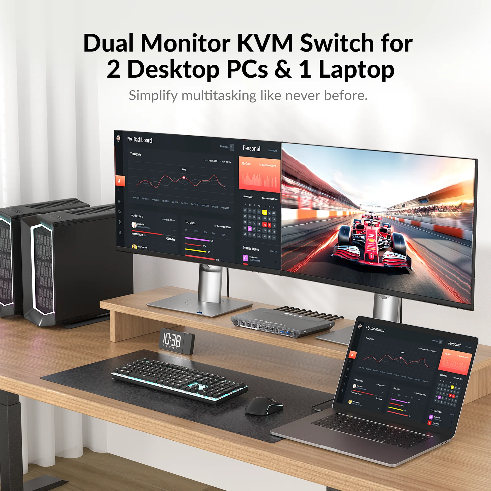 AV Access Docking Station KVM Switch 1Laptop&2Desktop PCs,Dual 4K@60Hz Monitors, EDID Emulation,100W USB-C Charging(KD-E30)