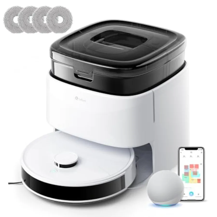 Robot Vacuum and Mop for pet hair on carpet, 12000Pa suction, 90-day self-emptying, obstacle avoidance, auto mop washing drying