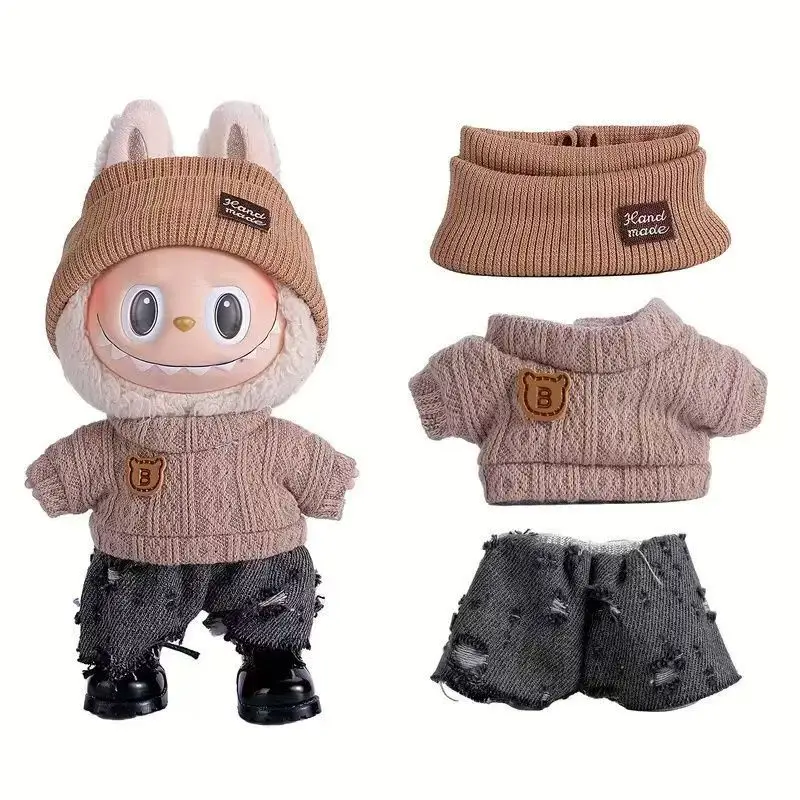 

For 15/17cm Labubu Mini Striped Clothing Jeans Hats Shoes Bag Cool Handsome Set Labubu V1 V2 Clothes Outfit Accessories Gift