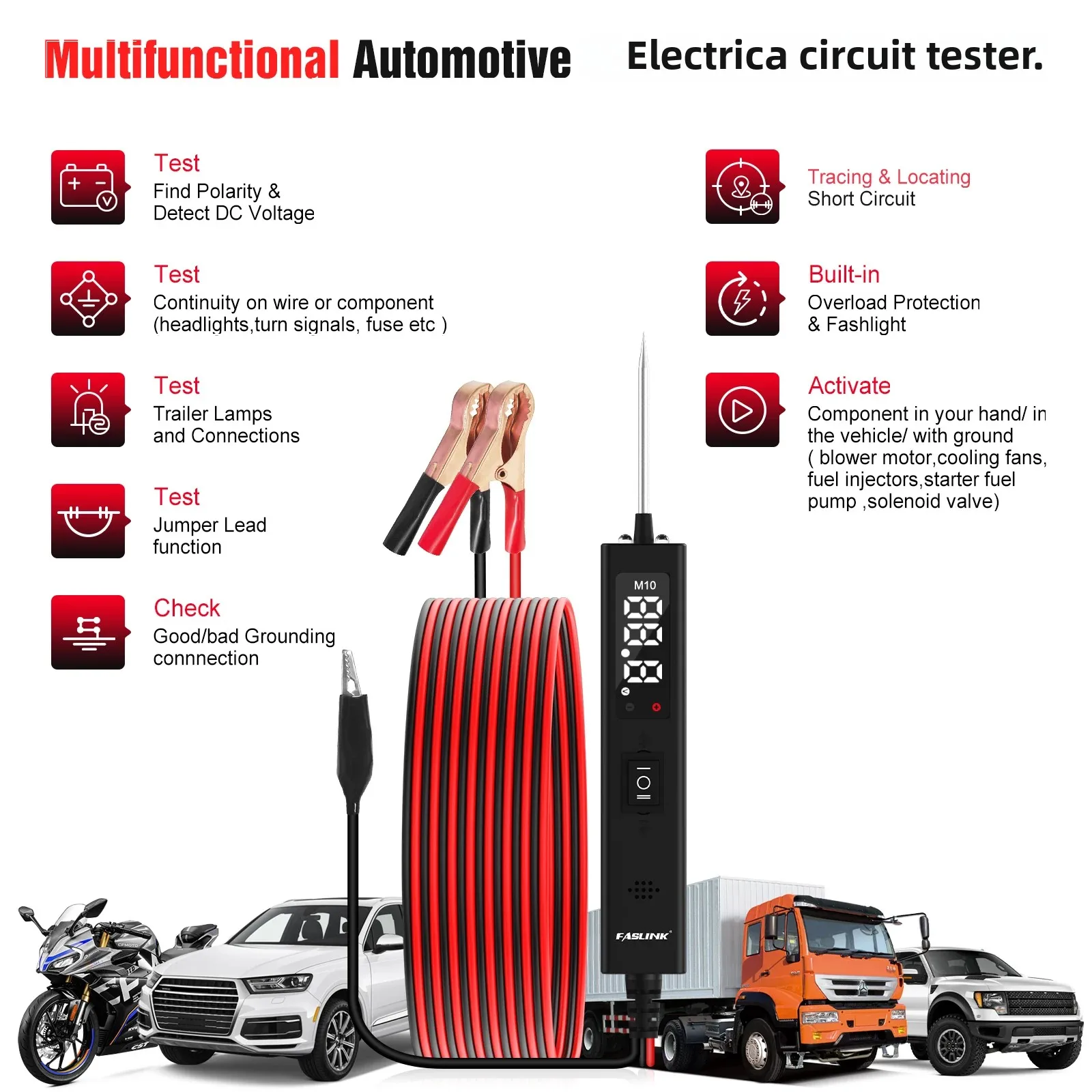 Automotive Electrical Circuit Tester, 12V 24V Car Voltage Test Power LED Probe Tester, Component Activation, Continuity Test