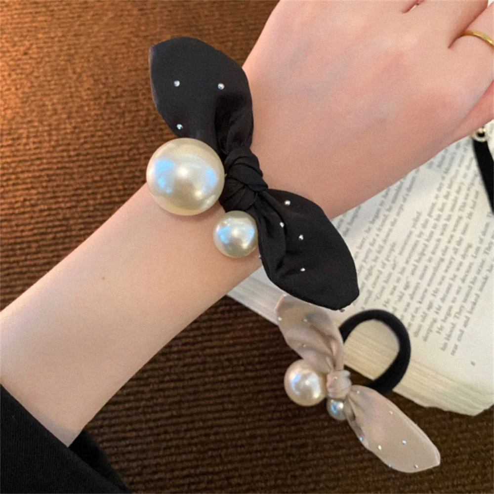 Fashion Imitation Pearl Rhinestone Bow Hair Rope Simple Rubber Band Hair Ties for Women Girls Ponytail Hairband Hair Accessories