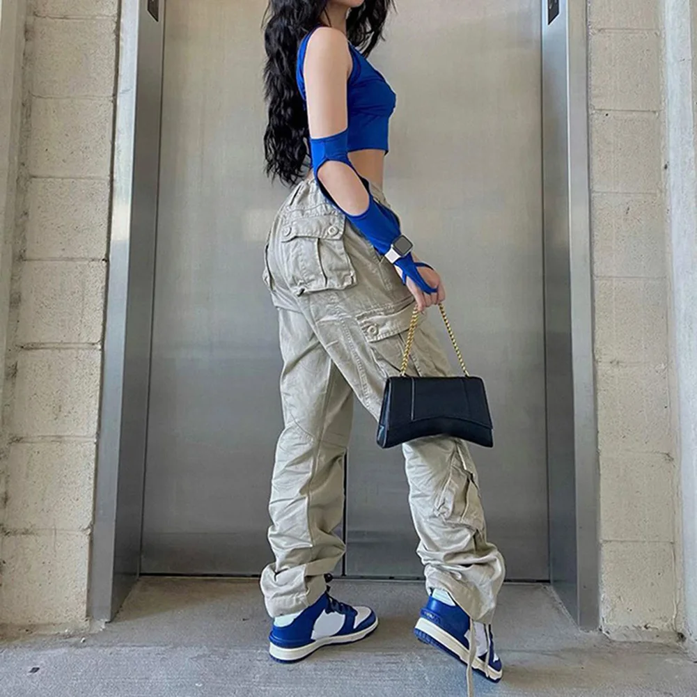 Female Womens Trousers Baggy Cargo Jeans Flared Bell-bottoms High Waisted Hippie Loose Outfits Pants Solid Color