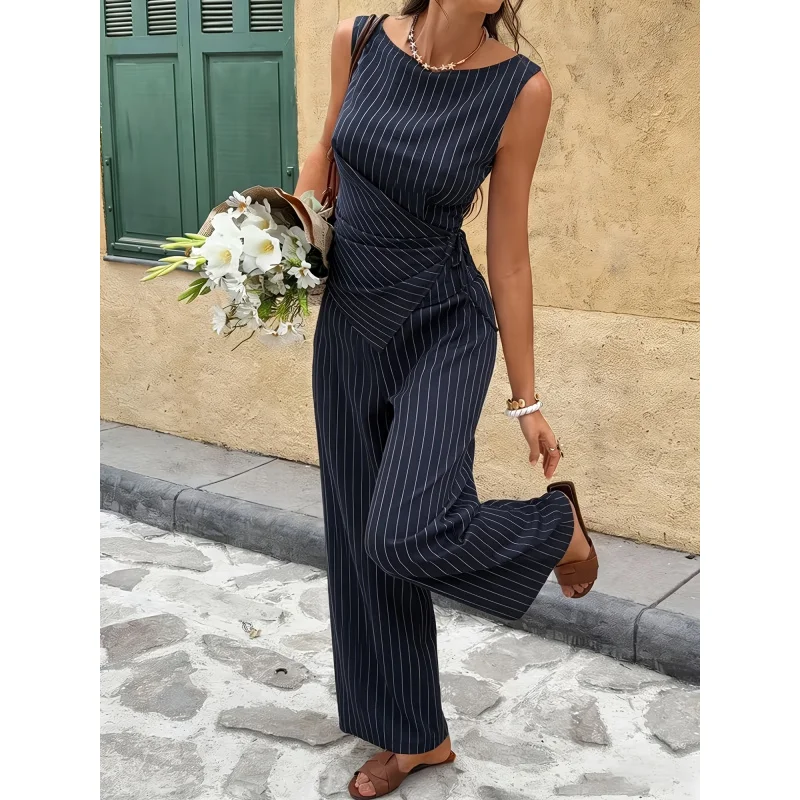 Spring/ Summer Women's Navy Blue Striped Sleeveless Wrap-Front Tie Top High-Waisted Wide-Leg Pants 2pcs Set