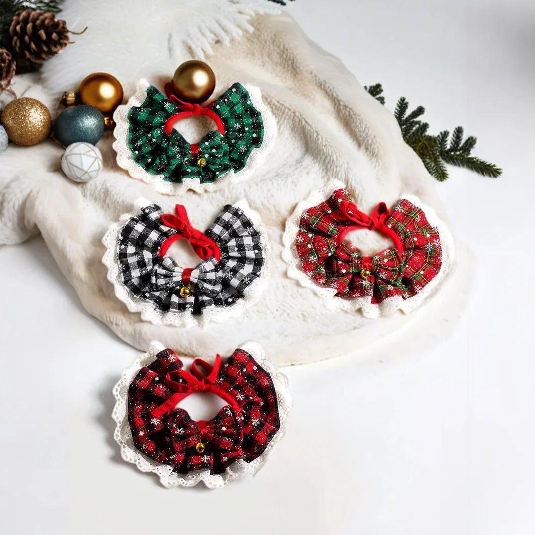 Pet Christmas Plaid Tie Lace Bib Drool Towel Cat Dog Bell Scarf Holiday Accessory Cat Accessories Puppy Accessories