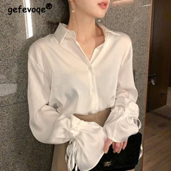 Women Vintage Lace Up Elegant Chic Button Up Shirt Office Lady Simple Business Casual Blouse White Long Sleeve Loose Tops Blusas