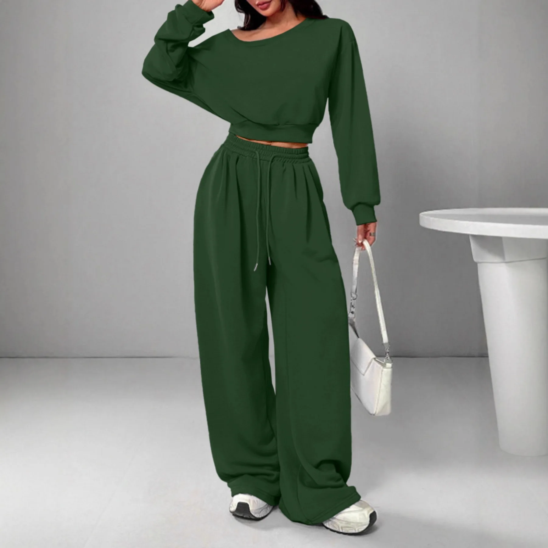 عادية الصلبة قبالة الكتف مجموعات للنساء موضة كم طويل قطري طوق القمم عالية الخصر بنطال ذو قصة أرجل واسعة 2 قطعة مجموعة سيدة