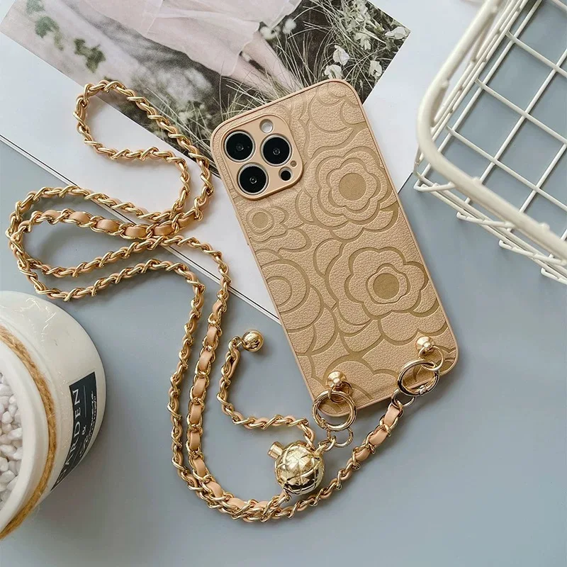 Luxury Retro Camellia Leather Phone Case For iPhone 16 15 14 13 12 11 Pro Max XR X XS Crossbody Adjustable Ball Long Chain Cover