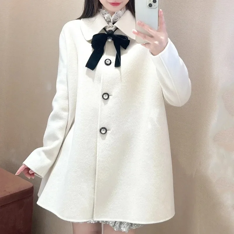 Woolen Laple Bow Women 2024 Outerwears  Japan New Abrigos Invierno Warm Thick Jacket Sweet Moda Chaquetas Mujer Loose Jackets