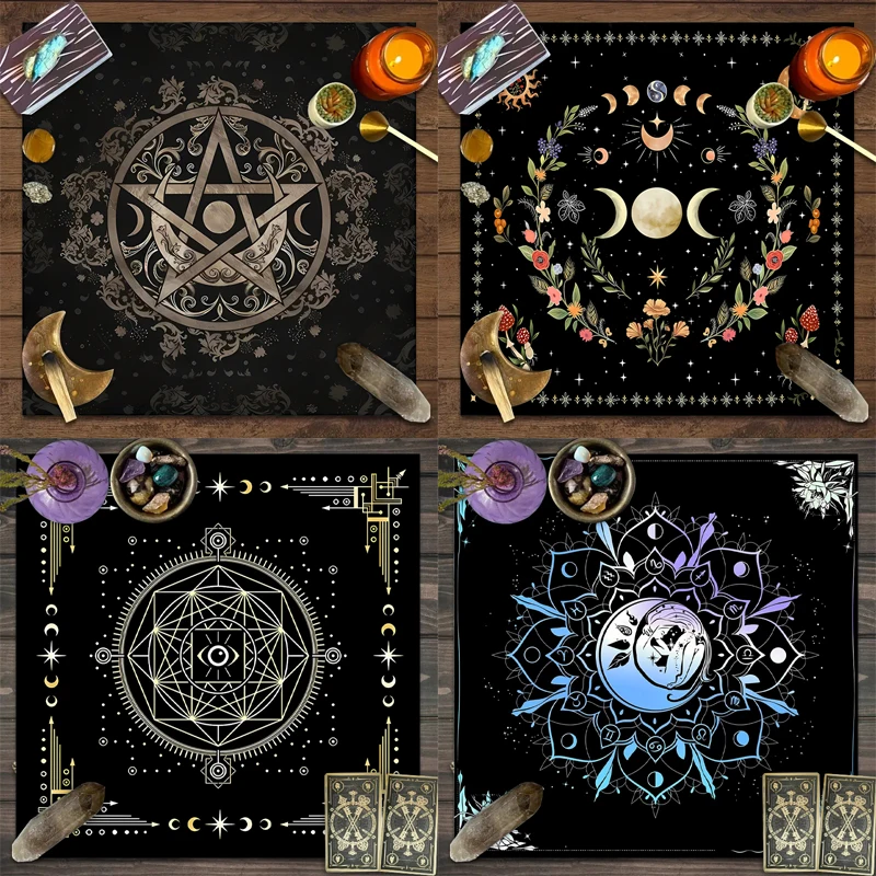 50/75/110/137cm Tarot Mat 1pc Tarot Tablecloth Altar Cloth Moon Phase Sun Starry Sky Flowers Witchcraft Altar Ritual Decoration
