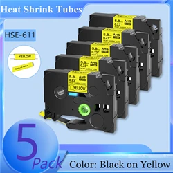 5PK Heat Shrink Tubes 5.8mm Compatible Brother Hse-611 Label Tape Black on Yellow Cartridge Cassette For P-Touch Label Printers