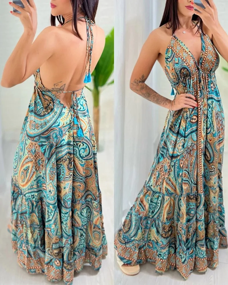 Abito lungo da donna estivo con stampa tribale con scollo a V e cinturino per spaghetti, abito casual fluido senza schienale