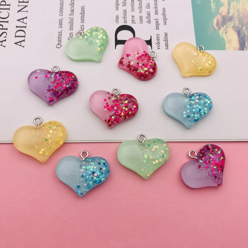 10pcs Hot Selling Resin Kawaii Glitter Sparkle Heart Charm Five Star for Keychain, Earring, Scrapbooking, DIY Making, Necklace