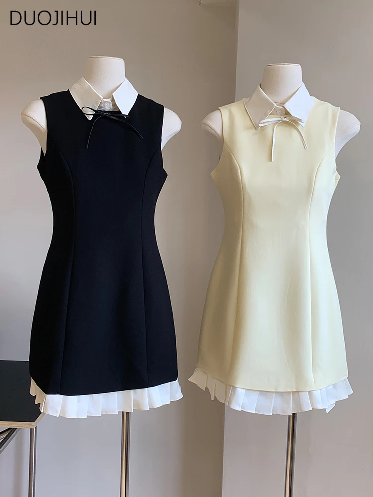 DUOJIHUI Black Sweet Bow Chic Button Casual Women Dresses Summer Contrast Color Classic Sleeveless Fashion Simple Female Dresses