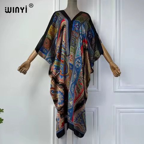WINYI Summer african V-neck dress Printed beach wear women 2024 Loose Femme Robe Muslim beach cover ups silk feel evening dress