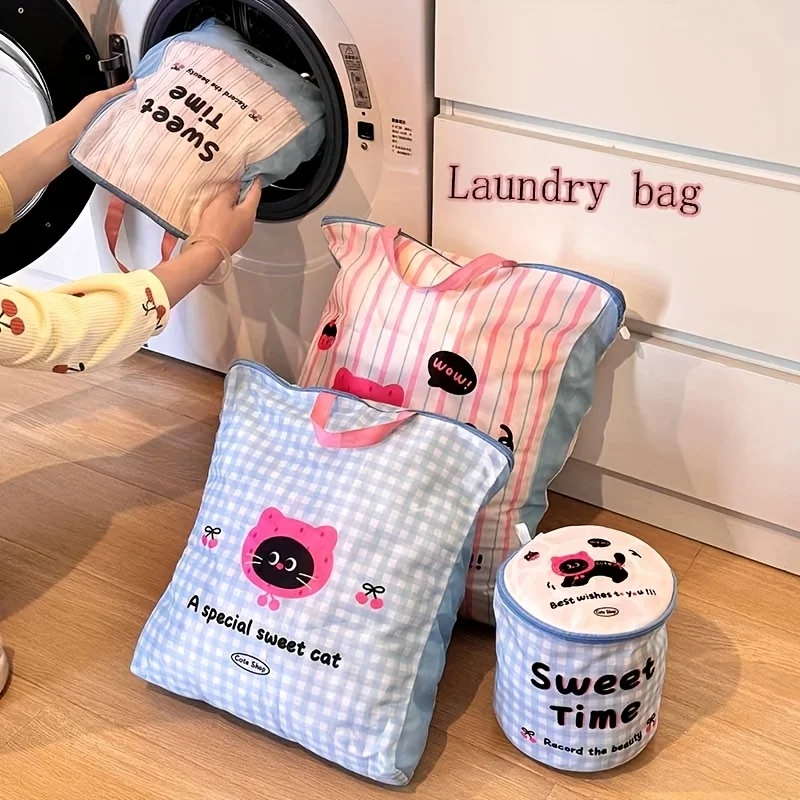 Cute Cat Panda Laundry Bag, Durable Polyester Zippered Hamper for Home Travel Clothes Socks Storage