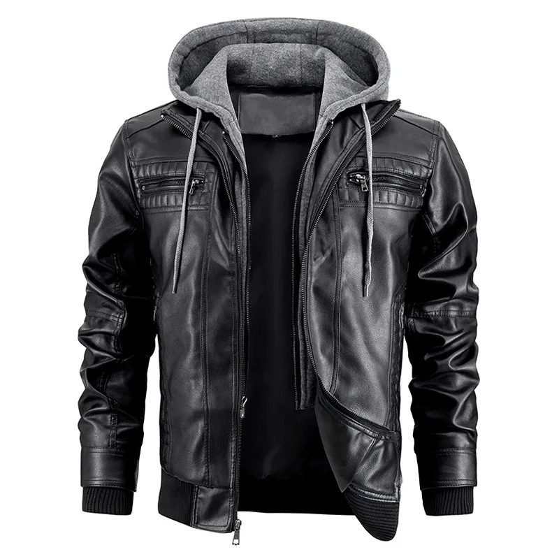 Herren Kunstleder Jacke Vintage Kapuze gefälschte zweiteilige Fleece Motorrad Biker Jacken Mode lässig Stand Kragen Mantel Herbst