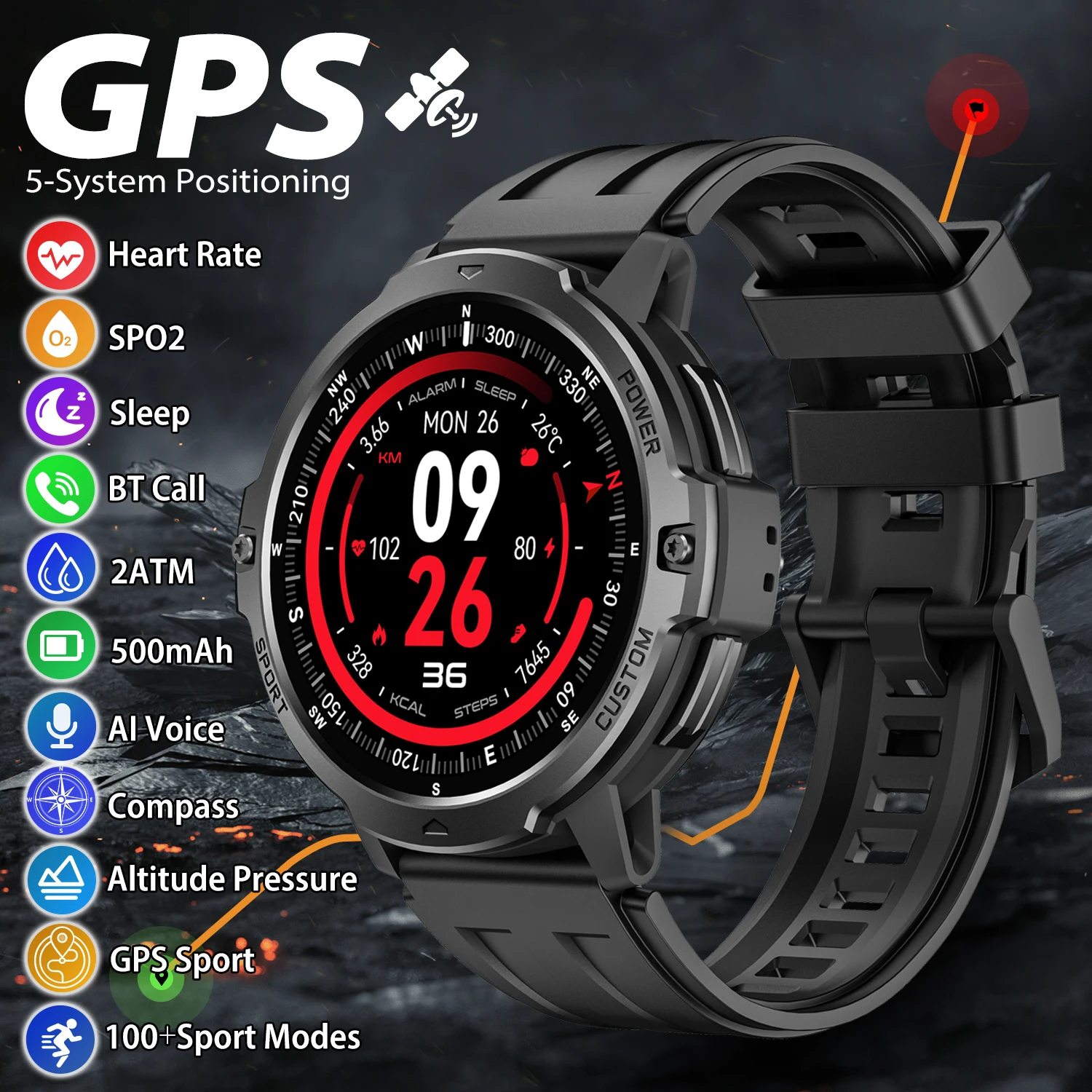 

GPS-смарт-часы для мужчин с компасом, альтиметром, барометром, аккумулятором 500 мАч, HD-звонками, измерением пульса, водонепроницаемостью 2ATM, для активного отдыха и спорта