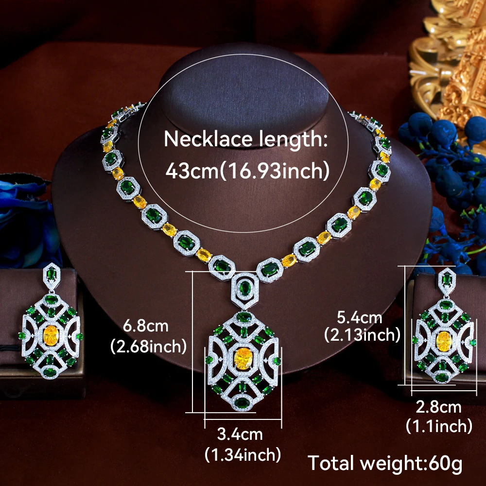 ThreeGraces Gorgeous Multicolor Zirconia Shield Shaped Luxury Big Wedding Bridal Necklace Earrings Jewelry Set for Women T1056