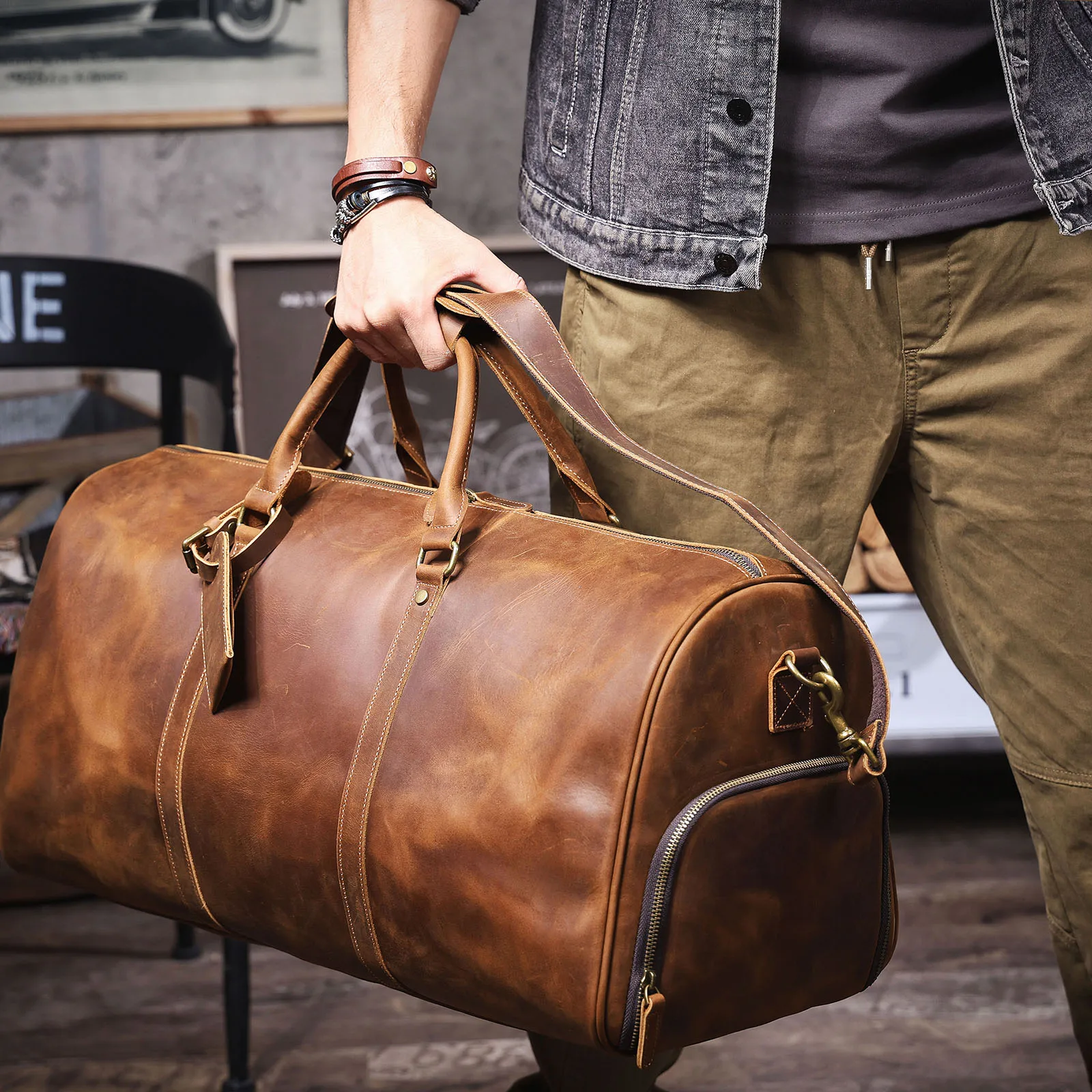 S.WORKER Vintage Vollnarbenleder Herren-Reisetasche Handgefertigte Weekender-Reisetasche – Detail 6