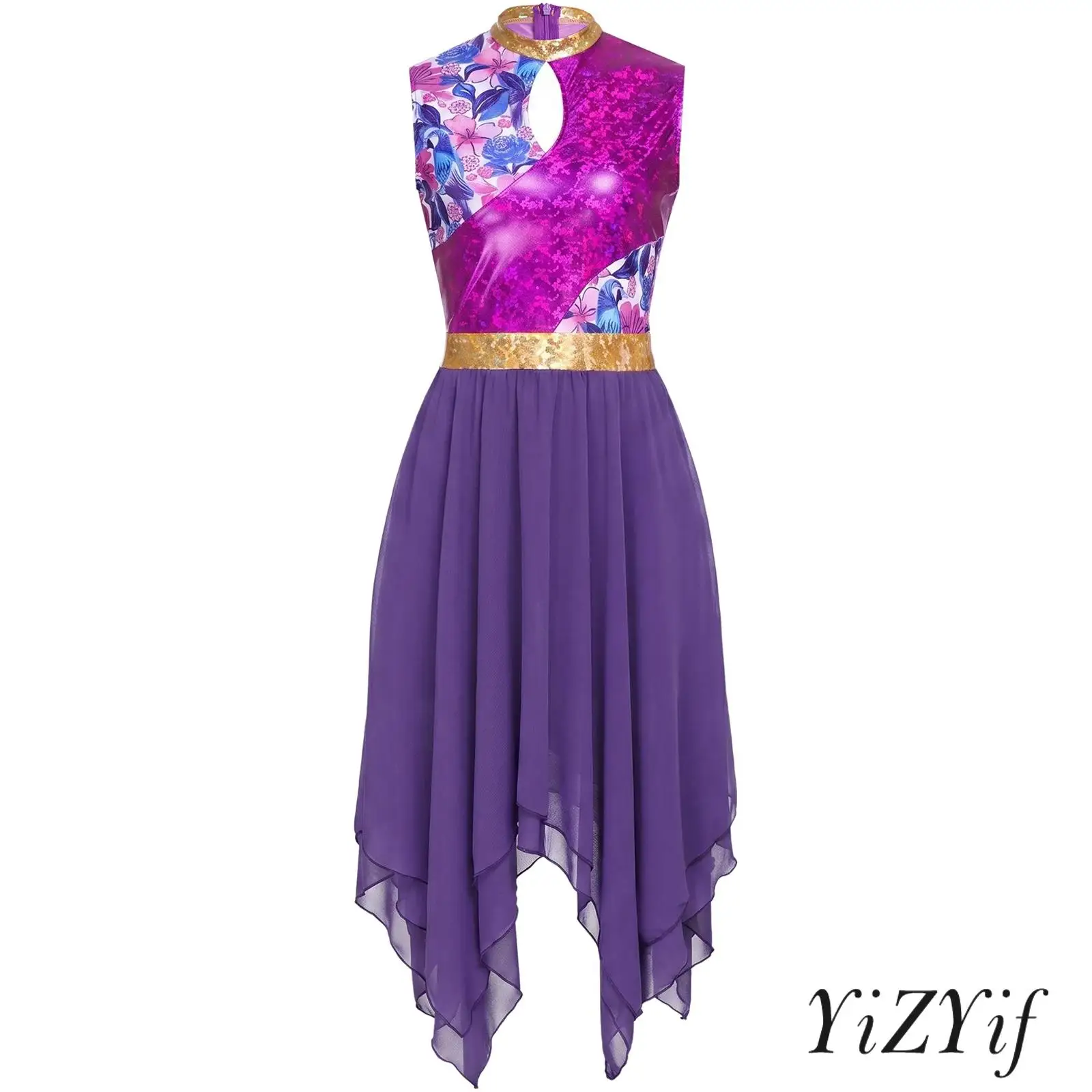 Womens Church Praise Performance Tunic Dress Printed Metallic Front Keyhole Sleeveless Irregular Hem Dress Lyrical Dancewear