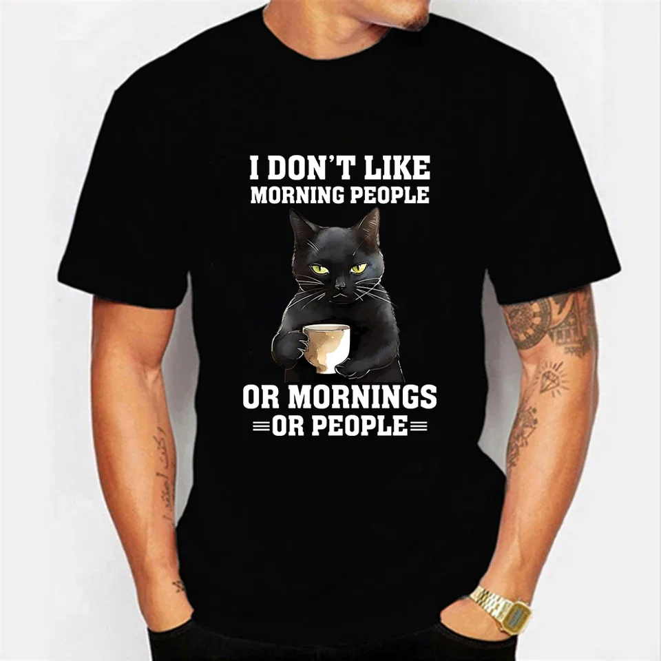 Camisetas de moda para hombre, camiseta de gato negro, I Dont Like Moring People or Moring or People, bromas divertidas, nueva