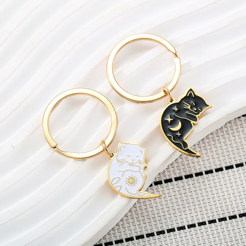 New Cartoon Sun Moon Black and White Cat Stainless Steel Keychain Couple Keychain Cute Backpack Pendant Wholesale