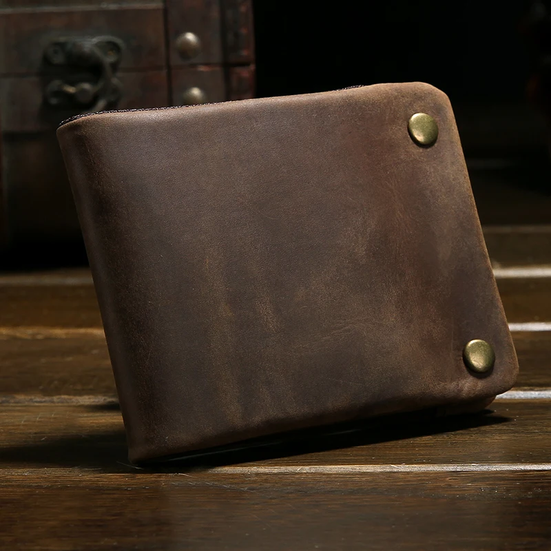 

Винтажный кошелек из натуральной яловой кожи, мужской кошелек, мужские зажимы для денег, двойной кошелек для кредитных карт с карманом на молнии, горизонтальный WF110