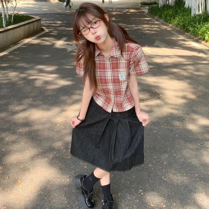 Deeptown Vintage Y2K Plaid Women's Shirt Short Sleeve Summer Blouse Korean Fashion Casual Retro Japanese 2000s Style Harajuku