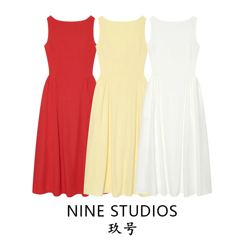 NINE ZAR Women's Long A-Line Dress Sleeveless Boat Neck Pleated Slim Fit Casual Style H-Shape Polyester Fabric Winter Season