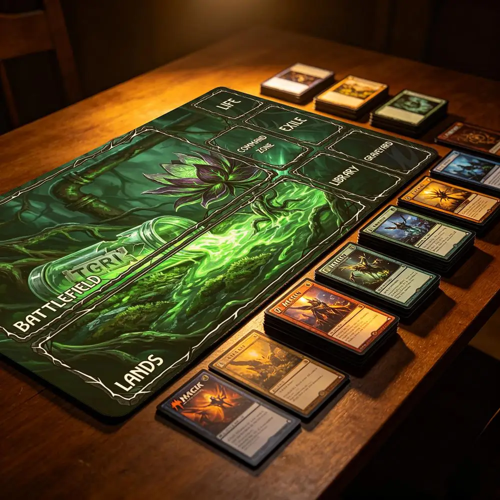 TCG Magic Playmat with Command Zone, Green Fantasy Forest Card Game Mat, Gaming MousePad, Non-Slip Desk Mats for Magic Players