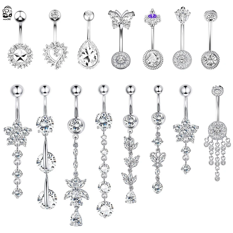 Surgical Steel Belly Button Rings Heart Flower Cubic Zircon Dangle Navel Ring Belly Piercing Nombril Ombligo Women Body Jewelry