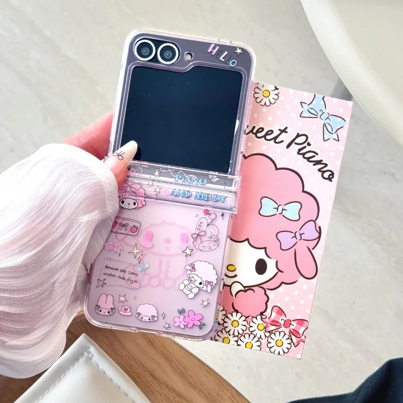 

Cute long ears Cinnamoroll Kuromi Hello kitty Cat Folding Phone Case For Samsung Z Flip 6 Z 3 4 5 6 7 Cartoon kitty Holder Cover