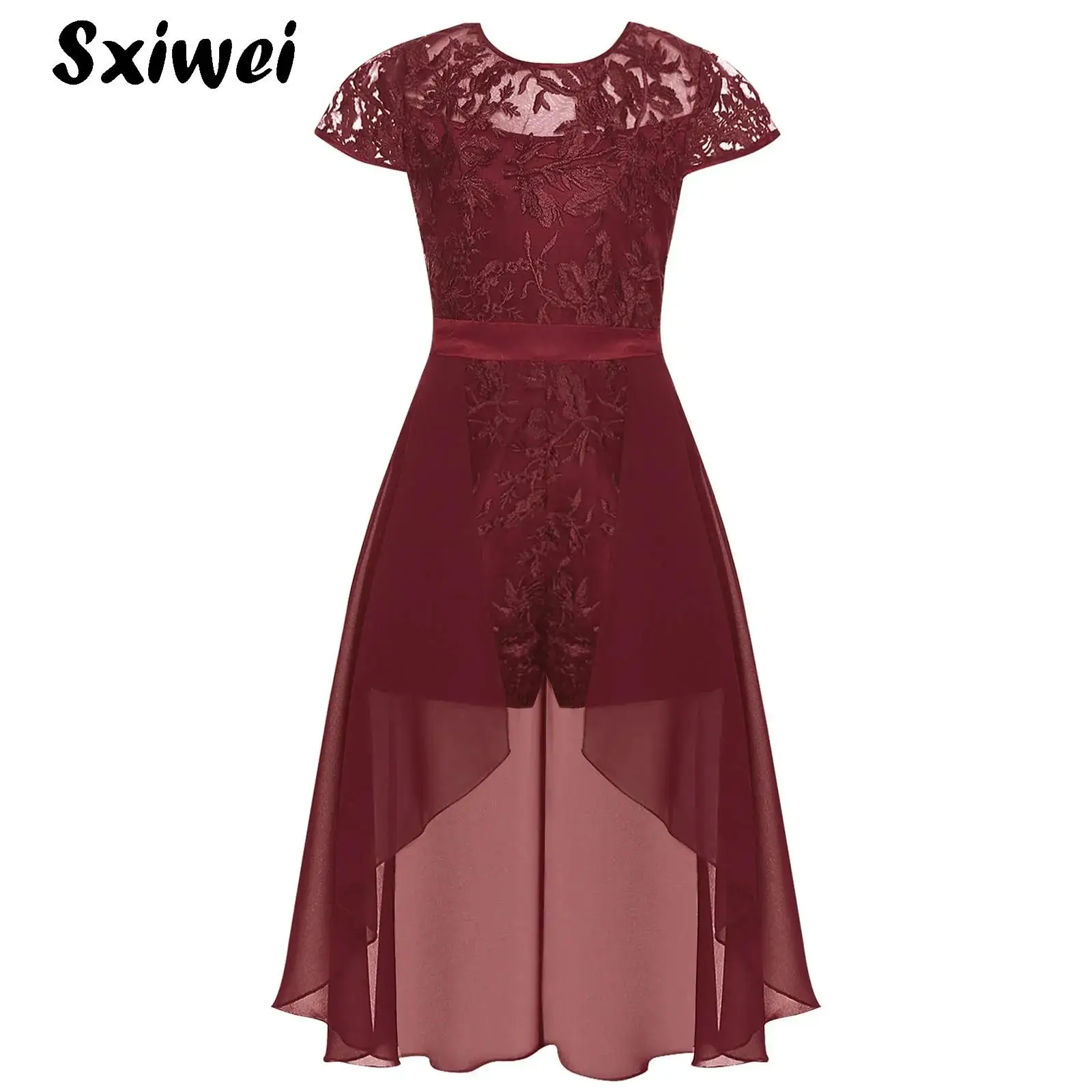 

Girls Elegant Lace Embroidery Formal Party Dress Cap Sleeve High-Low Skirted Rompers Bodysuit for Formal Wedding Pageant Banquet