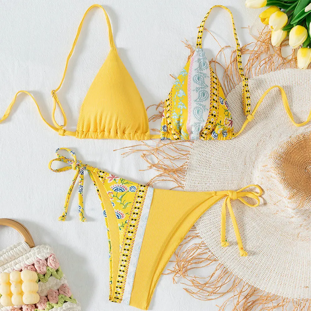 

Купальники в рубчик в богемном стиле с принтом пейсли, комплект бикини с лямкой на шее, женский купальник из двух предметов с завязками по бокам, купальный костюм с цветными блоками