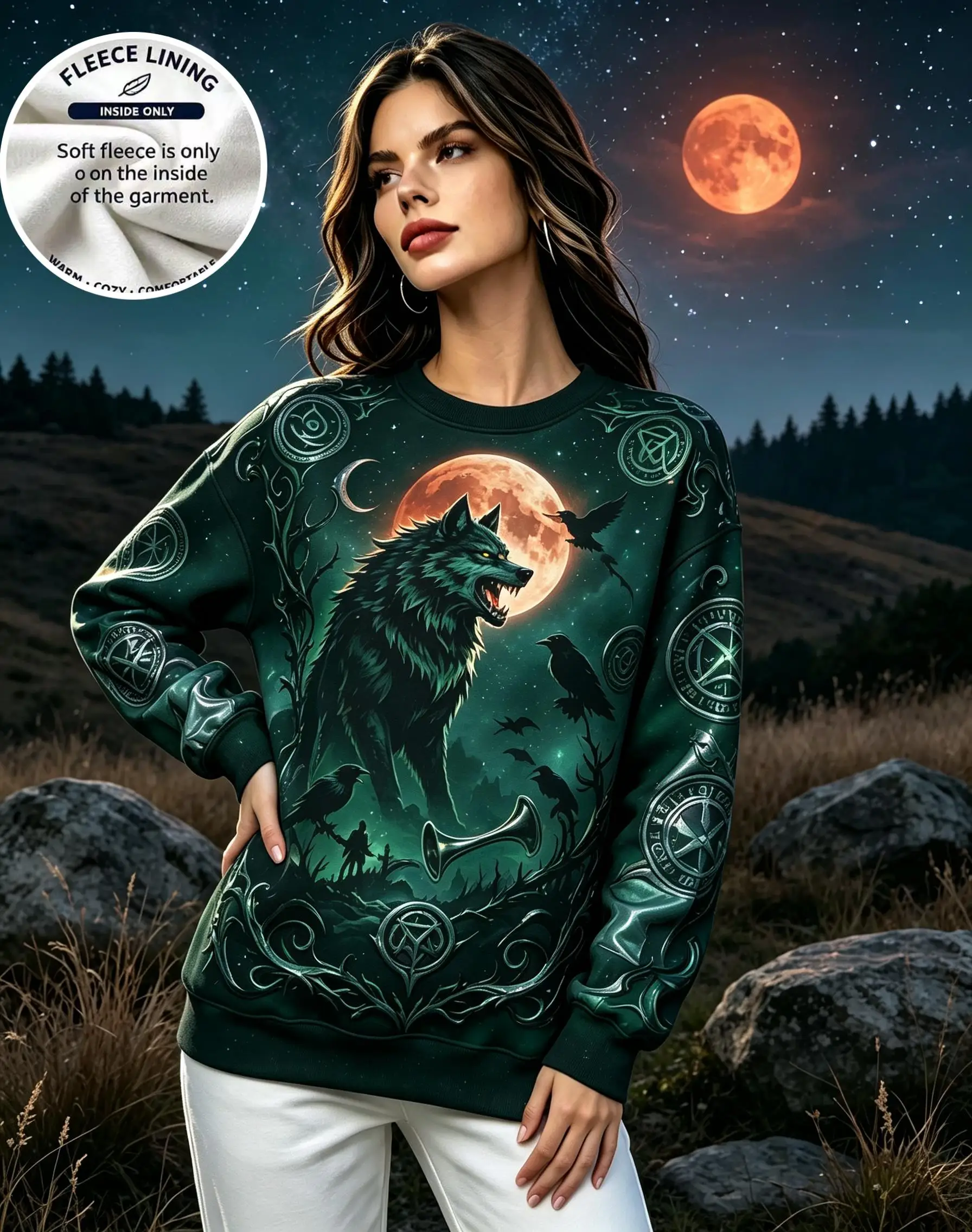 Women Crew Neck Sweatshirt Fleece Lined Full Moon Wolf Crow Occult Symbol Gothic Flat Print Long Sleeve Loose Pullover Tops
