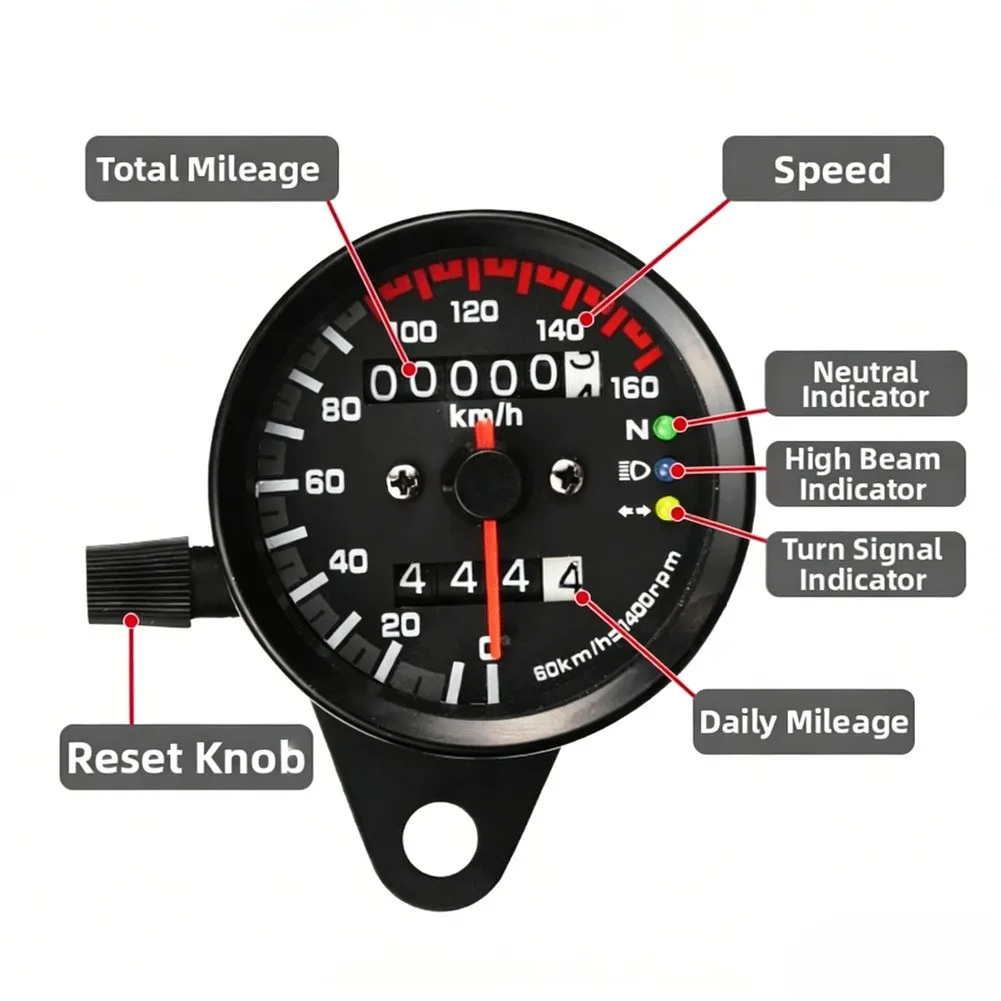 

12V Dual Odometer Speedometer for Motorcycles LED Illuminated Retro Housing and Neutral High Beam Turn Signal Status Indicators