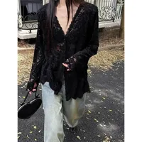 Sexy Women's Y2K Lace Sheer Hollow Out Tops Black White Korean Streetwear Sexy Long Sleeve Blouse Shirts Chic Aesthetic Cardigan