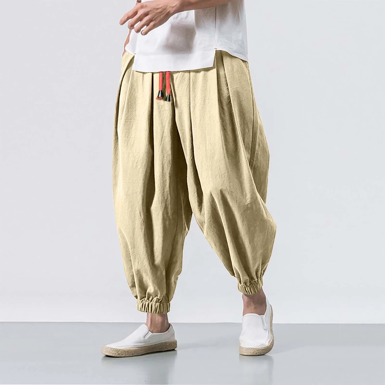 Cotton Linen Bloomers Pants Oversize Pantalettes Solid Color Leggings Loose Men Trousers Breathable Dailywear Training Pants