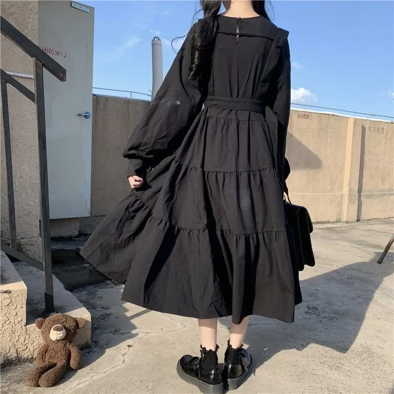 Gothic Style Dress Women Mall Goth Harajuku Emo Kawaii Dress Gothic Punk Japanese Cute Long Sleeve Black Midi Dress 400g
