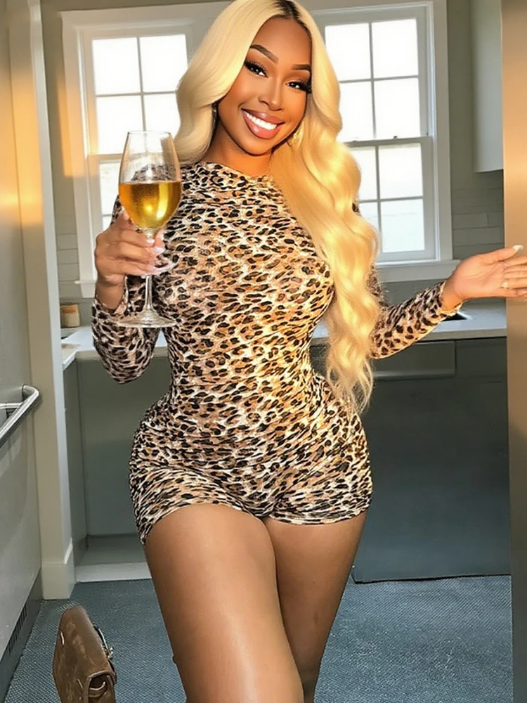 

Weird Puss Peach Buttocks Romper Women Zipper Leopard Print Full Sleeve Elastic Workout Activewear Midnight Activity Playsuits
