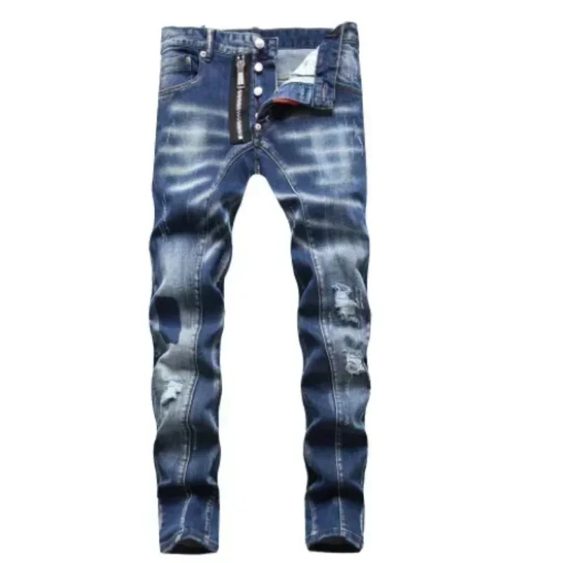

Men Skinny Jeans Luxury Brand Light Blue Holes Long Trousers Quality Male Fashion Stretch Slim Pants Men's Jeans