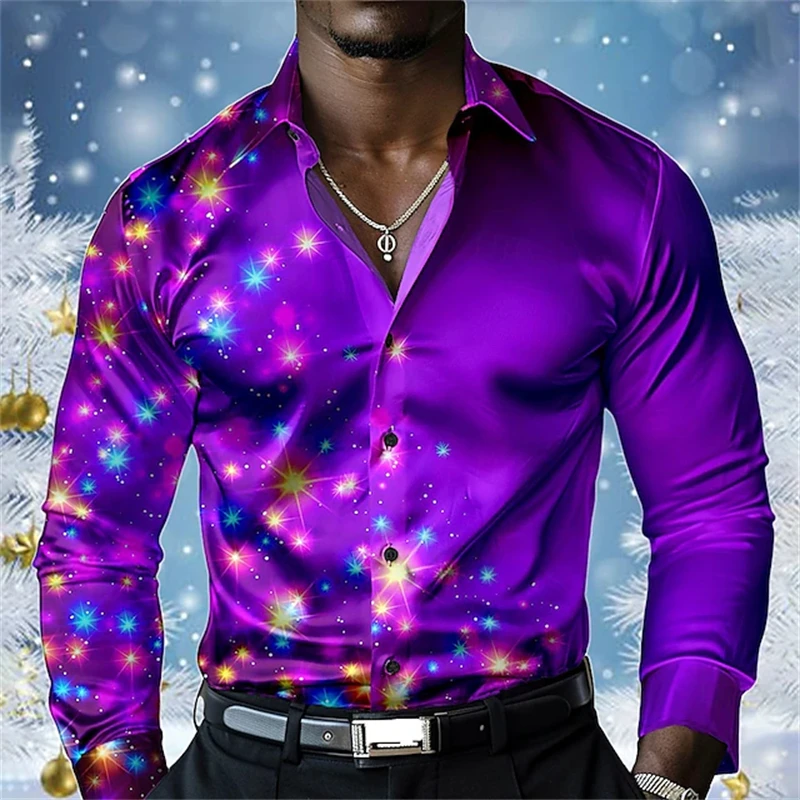 Men's Fashion Casual Long Sleeve Shirt Temperament Black Red Matching Gradient Color Casual Christmas Shirt Party Lapel Shirt