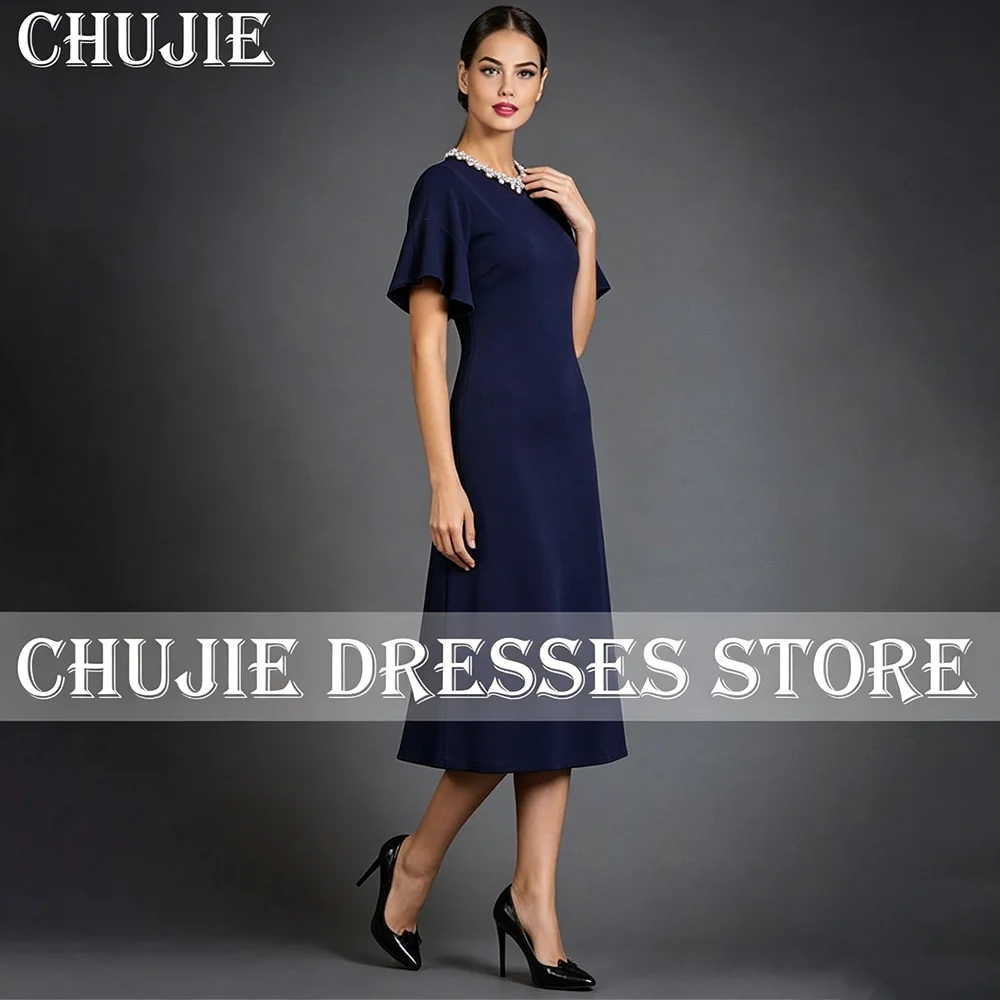 Dark Navy Mother of The Bride Dress Prom Party Gowns Short Sleeve Crystal Wedding Guest Dresses Customized Formal Evening Dress