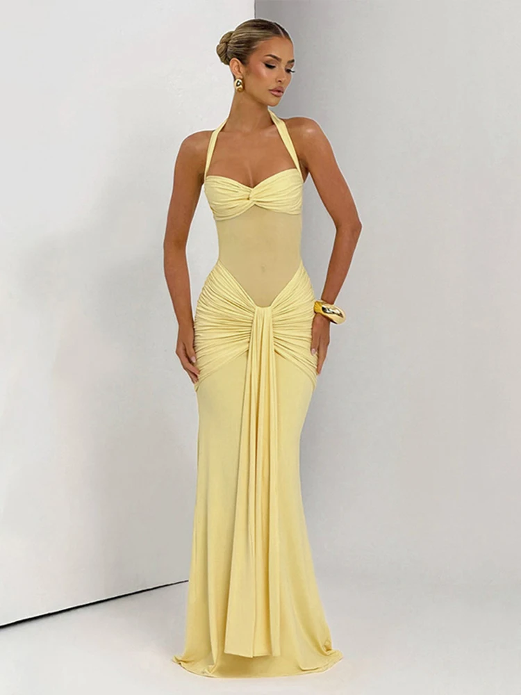 kliou Patchwork Elegante Donna Maxi Abito Classico Sexy Nastri trasparenti Halter Backless Aderente Tendenza femminile Festival Abiti da sera