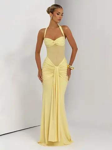 kliou Patchwork Elegante Donna Maxi Abito Classico Sexy Nastri trasparenti Halter Backless Aderente Tendenza femminile Festival Abiti da sera