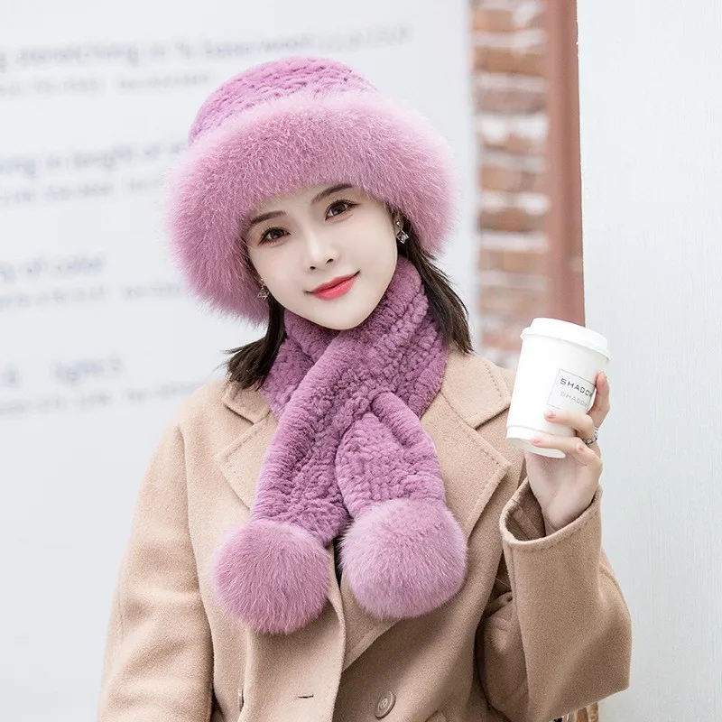 New fur hats for women in autumn and winter hat scarf set mom warm top