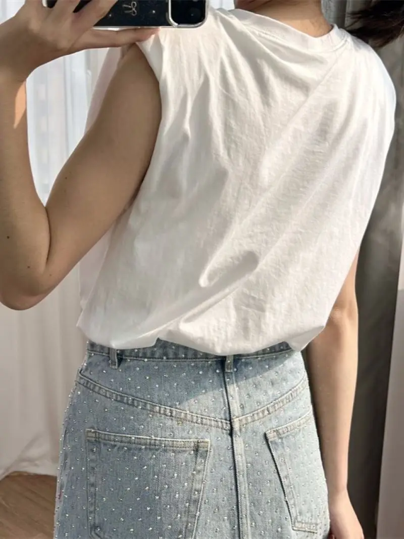 

Letter Embroidery T-Shirt for Women O-Neck Sleeveless Simple 2024 Summer Female White Tee Tops