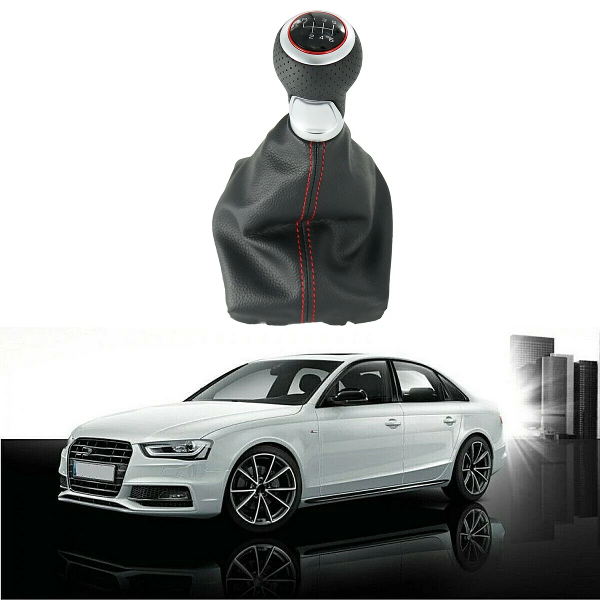 Car 6 Speed Leather Shifter Gear Shift Knob with Boot Cover Handle For-Audi A3 S3 8P 2003-2013 A4 S4 Q5 2007-2015