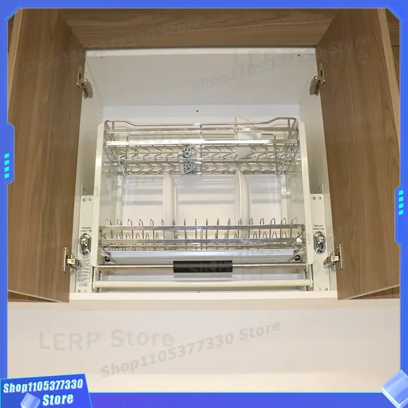 Stainless Steel Kitchen Cabinet Pull Down Dish Rack Hanging Storage Basket Lift Up Drain Bowl Organizer Space Saving Sink